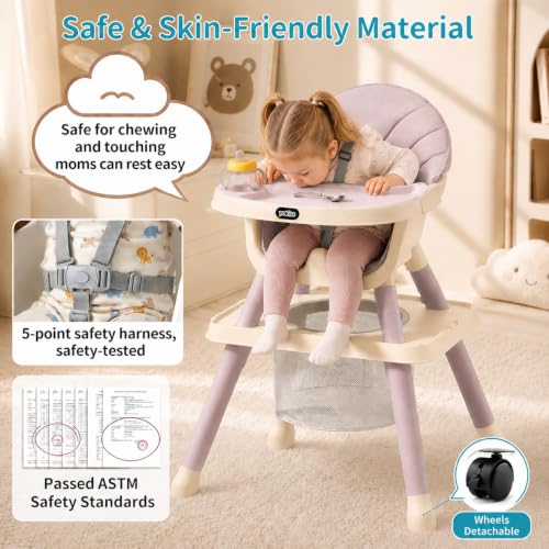 Image of 9-in-1 Convertible Baby High Chair for 6 Months to 8 Years, Grow-with-Me Highchair for Toddlers and Infants with 5-Point Safety Harness, Lockable Wheels, Adjustable Removable Tray, BPA-Free (Pink)