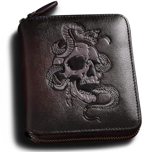 Mens Wallet Zipper,Skull Men's Leather Wallets With Coin Pocket, Multi-Functional,RFID Blocking,Gifts for Him(coffee)