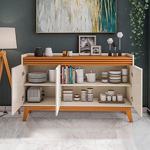 Buffet Aparador 3 Portas Ripado Astúrias 136cm Cor:offwhite/cedro