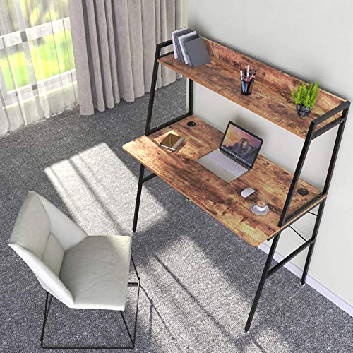 DESIGNA Computer Desk with Shelves, 43 inch Gaming Desk with Top Shelf, Home Office Desk with Bookshelf Space Saving Design, Archaize Brown