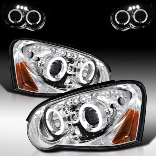 Autozensation Compatible with 2004-2005 Subaru Impreza RS/WRX/Outback/STI, Left + Right Pair Headlamps Assembly, Chrome Halo Projector Headlights