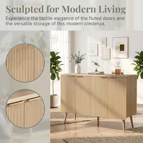 Trygoal Fluted Sideboard Buffet Cabinet with Storage, 4 Door Modern Credenza with Shelves, Wood Entryway Cabinet for Dining Room, Bedroom &Living Room (Natural Wood) by Trygoal - Used condition - Image 4