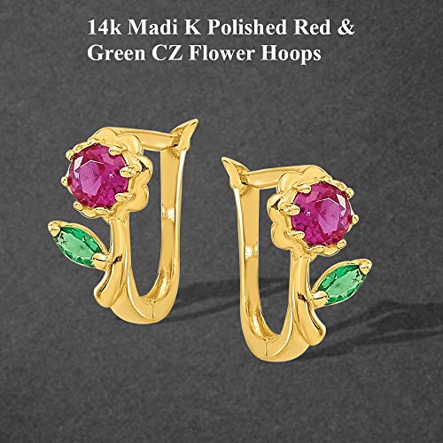 Diamond2Deal 14K Yellow Gold Red Green Cubic Zirconia Flower Hoop Earrings Fine Jewelry For Women (L-9 Mm, W-5.8 Mm #TOP3
