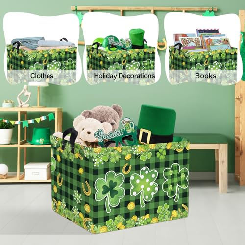 Image of Clastyle Lucky Clovers Saint Patrick's Day Baby Gift Basket Collapsible Rectangle Gold Coin Kid Toy Storage Box Rainbow Plaid Clothes Book Shelf Basket, 36L Green