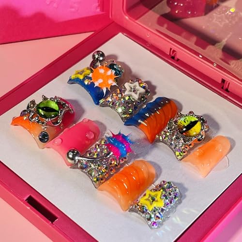 IntoVibes Handmade Short Duck Press On Nails Orange Barbell Charm And Y2K 10 Pieces Reusable Acrylic False Nails Size Small