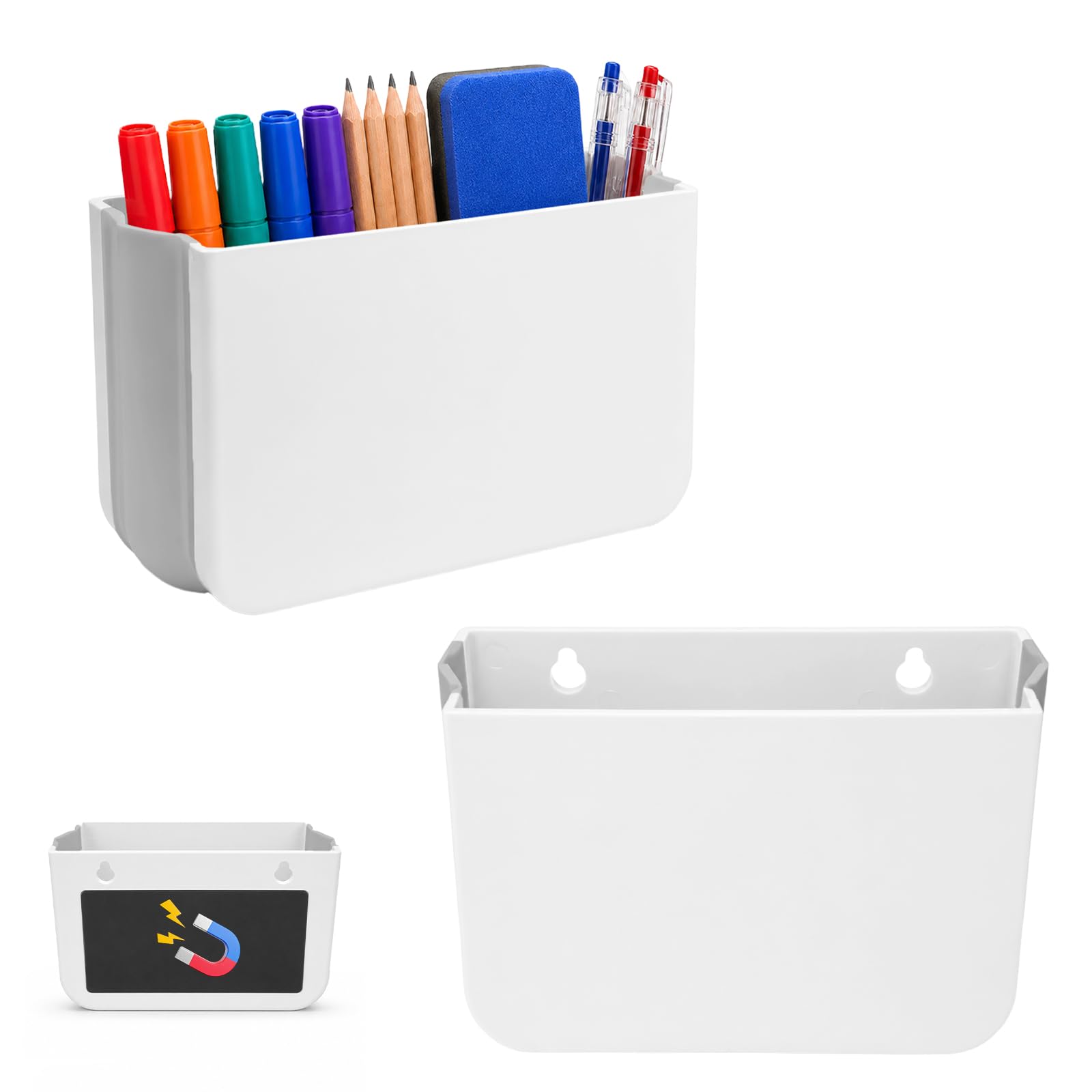 CAIXIANGYU 2 Magnetic Pen Holders with 2 Sponges - Whiteboard Accessories for Fridge & Magnetic Board (White 1)