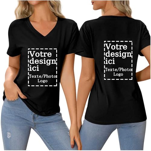 Tee Shirt Personnalisable Femme Recto/Verso avec Image, Texte et Logo – Ample T Shirt Personnalisé, Concevez Votre Propre Tshirt Col en V T-Shirt Manches Courtes Noir...