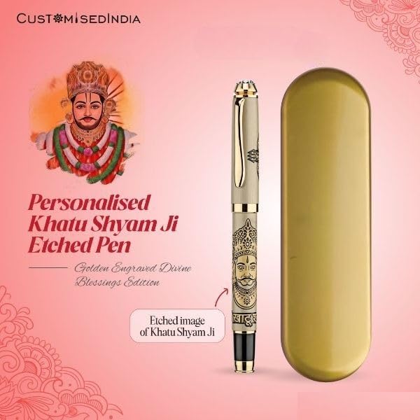 Image of Shree Khatu Shyam ji Pen | Baba Shyam ji Etched Pen | Brass Metal Pen of Khatoo Shyaam Baba | Premium Roller Metal Engraving Pen with Diamond Lid