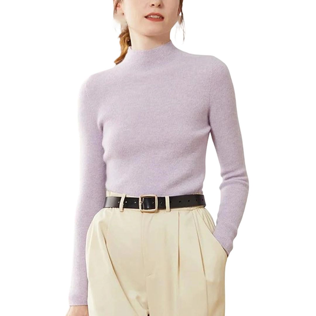 Womens Seamless 100 Percent Cashmere Sweater Mock Neck Slim Fit Long Sleeve Pullover for Winter