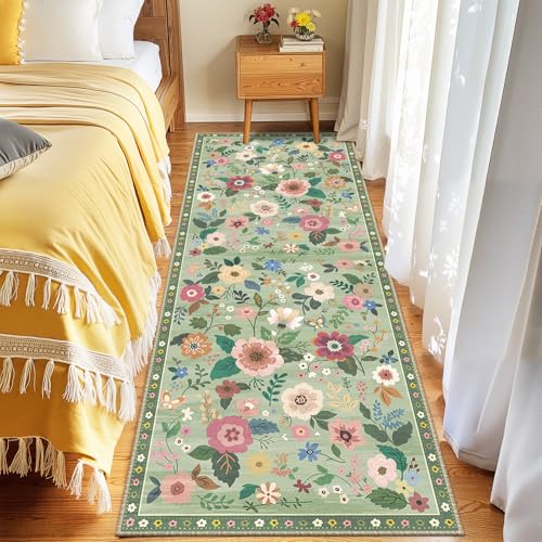 Floral 2x6 Area Rug Machine Washable Soft Print Boho Carpet Non Slip Doormat Low Pile Flower Area Rugs for Living Room Bedroom Nursery Kitchen Dining Room Indoor-Light Green