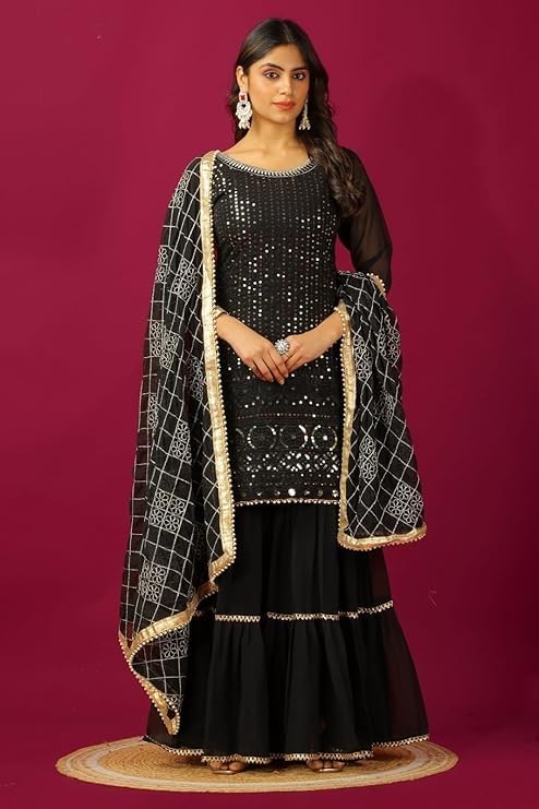 Image of Women's Designer Chinon Silk Sharara Suit Set, Sequence Embroidery Kurti with Tiered Sharara and Dupatta
