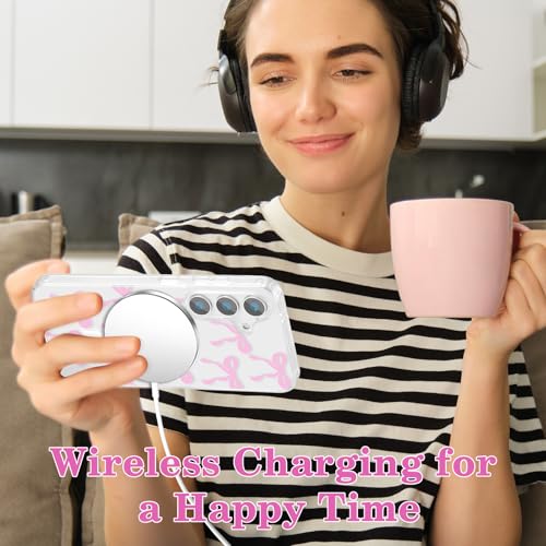 Image of UEEBAI Magnetic for Samsung Galaxy S25 Case, Bow Case Compatible with MagSafe, Wireless Slim Clear Ribbon Aesthetic Phone Case Anti-Yellowing Shockproof Protective Cover for Women Girl - Pink