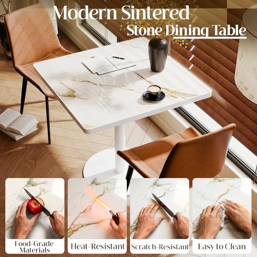 Image of 63 inch Square Dining Table,Tulip Table with 1.2 inch Thick Sintered Stone Tabletop and Golden Metal Pedestal Base,Small Square Dining Tables for Diner,Restaurant,kitchen,Bakery,Apartment(Marble White Gold)