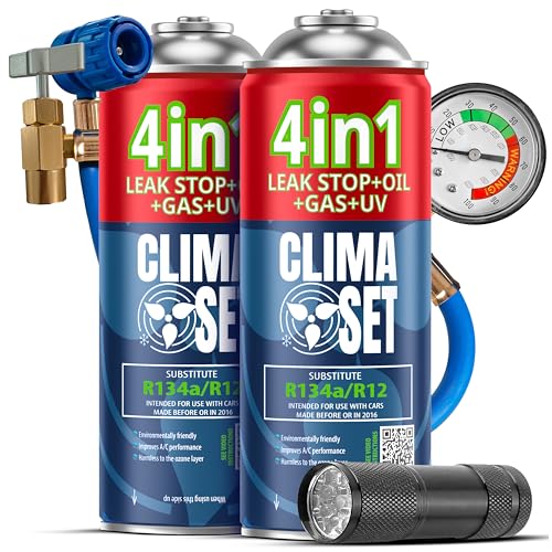 CLIMASET - 2x 4en1 Gaz de Recharge pour Climatisation R134a, Huile, Produit D'étanchéité Avec Colorant UV + Tuyau + Lampe Torche UV -Kit de Recharge de Gaz pour Climatisation et de Détection de Fuites