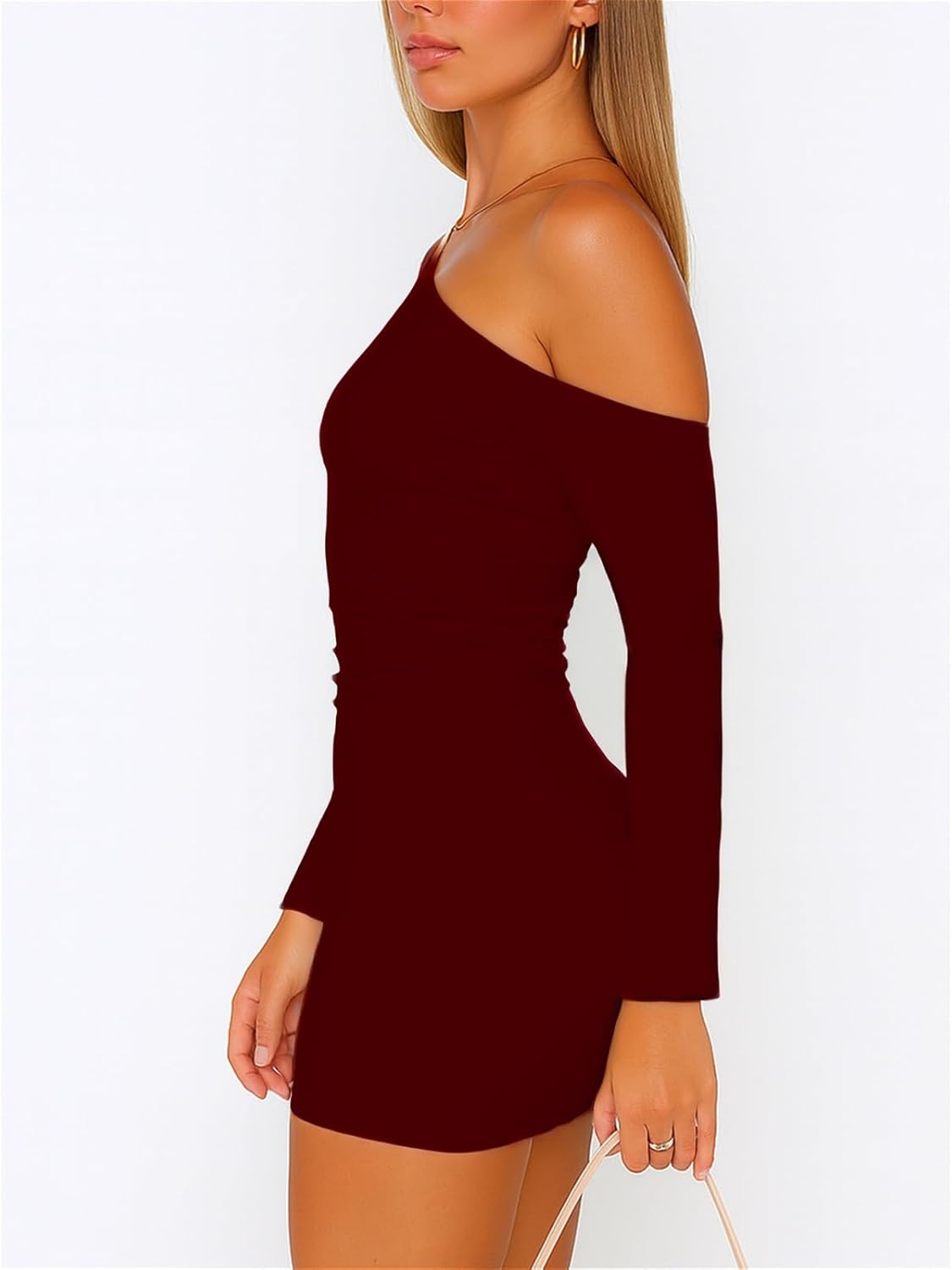 ForeFair Women's Off The Shoulder Long Sleeve Mini Dresses Double Lined Ruched Bodycon Club Party Going Out Outfits - Image 3