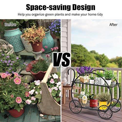 Giantex Garden Cart Metal Plant Stand With 4 Decorative Wheels, Succulent Collection Flower Pot Holder Display Shelf For Home Patio Garden Flower Shop, Parisian Style Plant Potted Rack (2-Tier) #TOP4