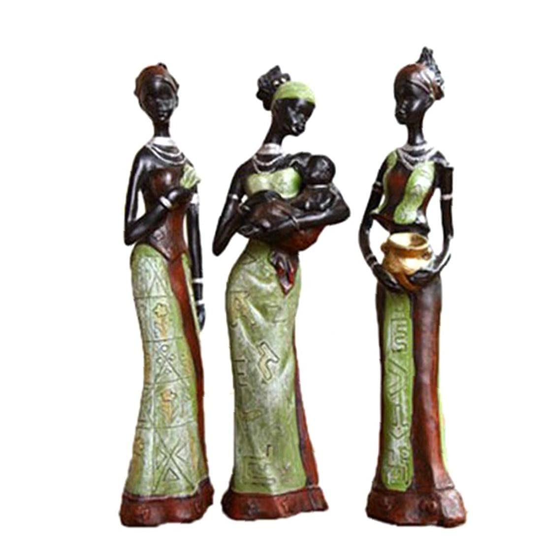 Allwiner Women's Green African Tribal Figurines,3Pcs/Set African Woman Statues Sculptures Home Decoration Exotic Decor For Home, ,Decorative Ornaments
