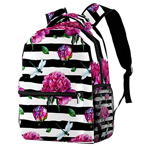 Sac à dos de voyage avec porte-bouteille motif pivoine et libellule pour loisirs et campus