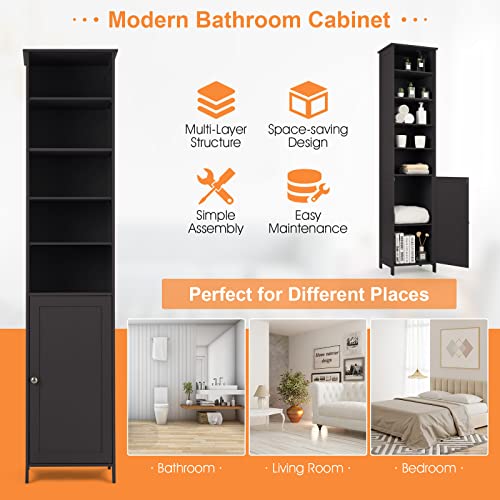 Costway Bathroom Tall Storage Cabinet, Freestanding Floor Cabinet With 3-Level Adjustable Shelves, Convenient Door & Knob, Narrow Storage Cabinet Organizer For Bathroom, Living Room, Kitchen (Brown) #TOP5