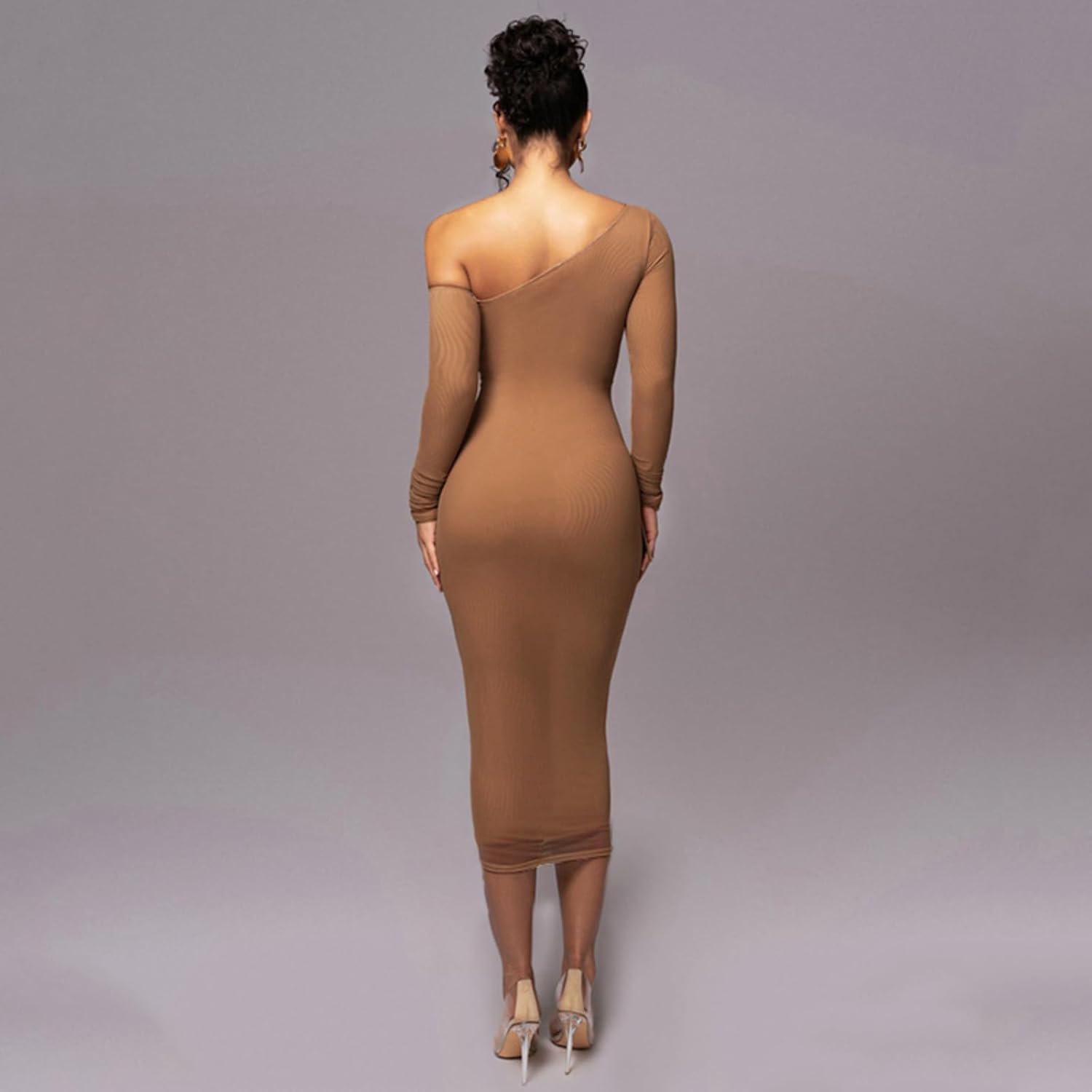 Sexy Bodycon Maxi Dress for Women Sheer Long Sleeve Off The Shoulder Party Club Ruched Mesh Dresses - Image 3
