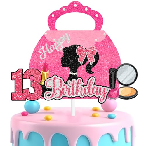 Makeup Themed 13th Birthday Decor - Pink Purse & Cosmetic Cake Topper for Girls 13 Years Old, Perfect for Glam Makeup Party & Birthday Bash High Heels Lipstick Decoration Supplies (13th)