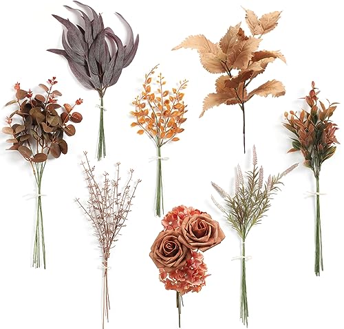 Burgundy Artificial Greenery Stems Box Set48pcs with 8 Kinds of Faux Fall Greenery Filler for DIY Bridal Bouquets Wedding Floral Arrangement Table Centerpieces