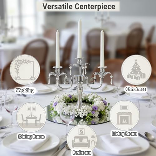 Image of Metal 3 Arm Taper Candlestick Stand with Crystal Pendants - 11.8 Inch Tall Candle Holders, Elegant Centerpieces Candelabra for Wedding, Dining Table, Christmas Party (6Pcs, Silver)