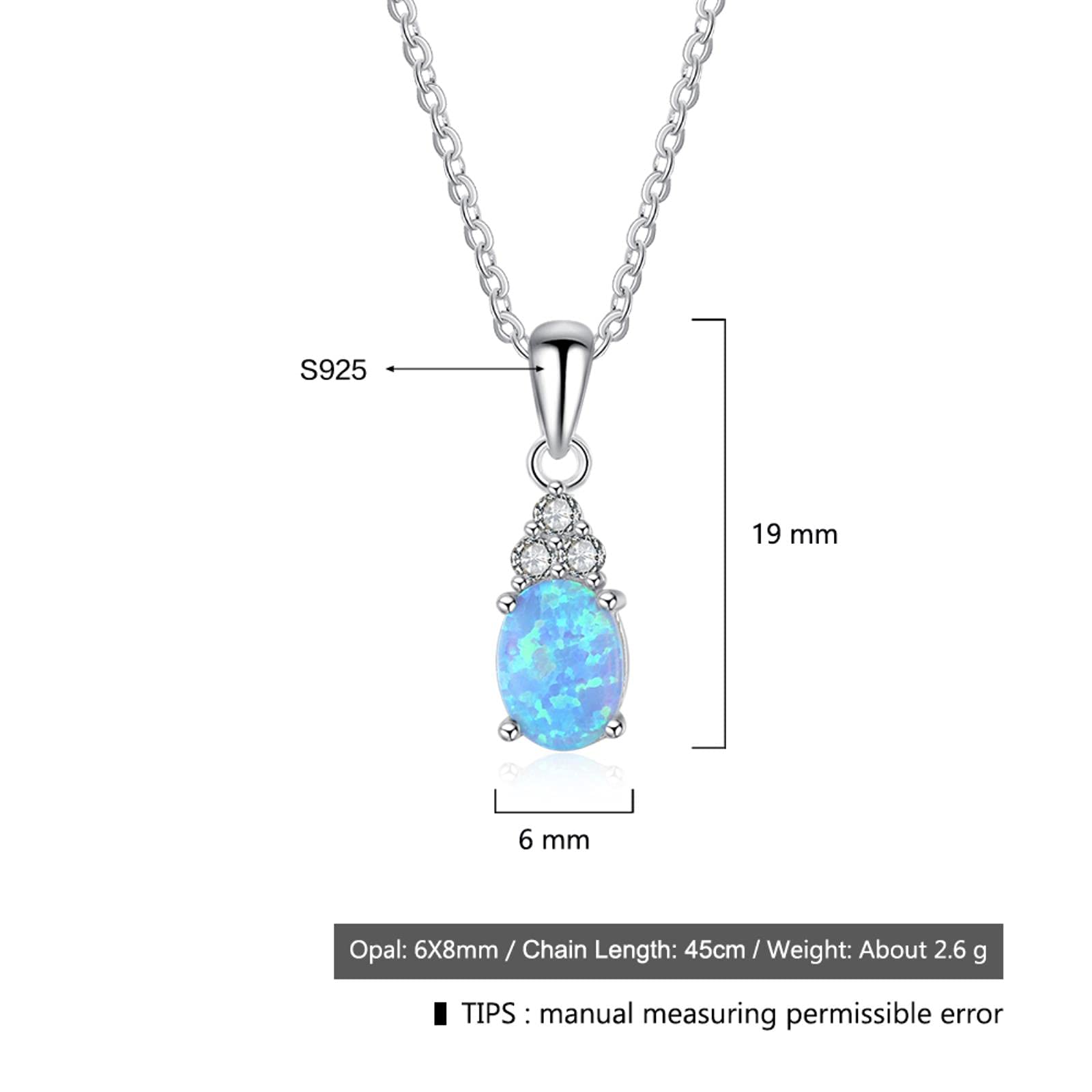 SALAN Collares con Colgante De Plata De Ley 925, Collar De Ópalo Azul Ovalado Creado, Regalo De Joyería Fina De Circonita Cúbica para Mujer