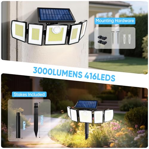 Image of MDCMDCM Solar Lights Outdoor Waterproof Motion Sensor - 416 LEDs 3000 Lumens Super Bright 3 Brightness 3 Modes 2400mAh 360 Illumination 32ft Solar Flood Security Light for Outside (with Stakes, 2)