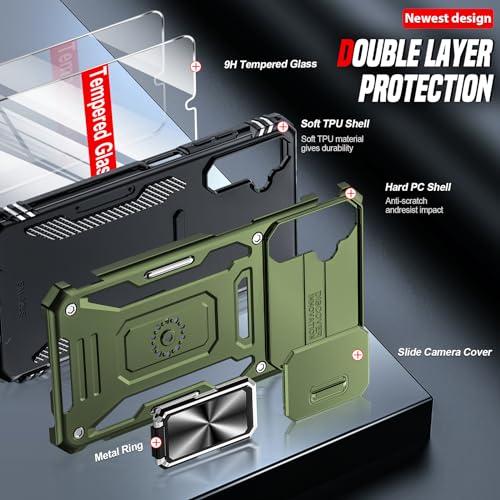 for Samsung Galaxy A05S Phone Case, with Camera Lens Cover Slider, 2 Pack Screen Protectors, Ring Stand Holder Military Grade Protective Shockproof Armour Cover for Samsung AO5S, Green - Image 2