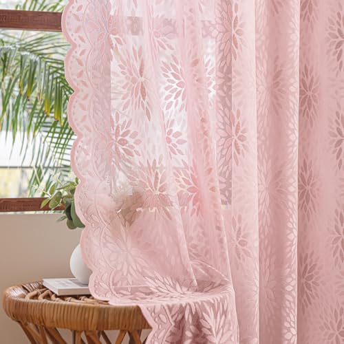 Image of MIULEE Vintage Floral Scalloped Lace Curtains, Light Pink 52 inch W x 36 inch L