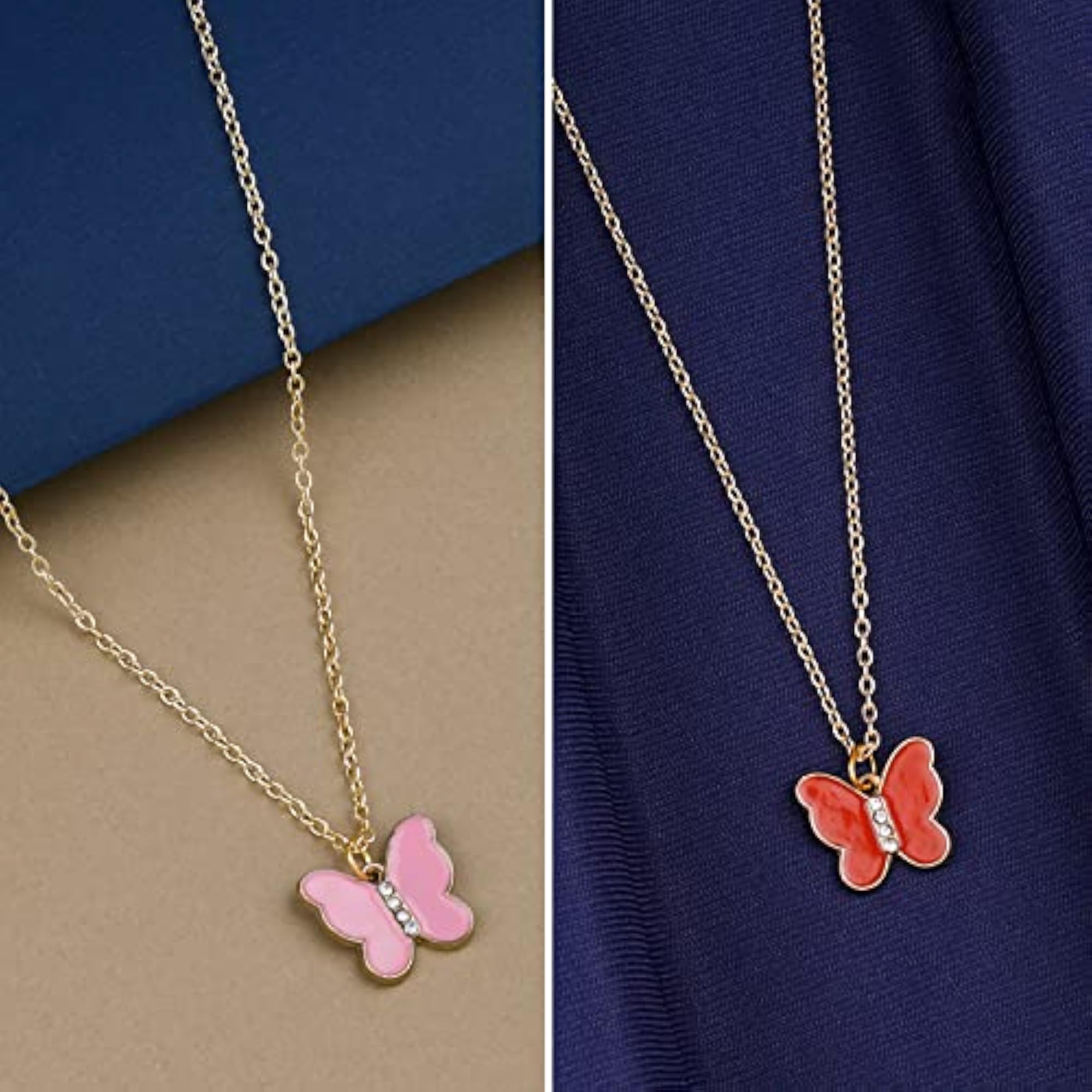 Women's Red & Peach Butterfly Gold Plated Pendant Necklace Chain