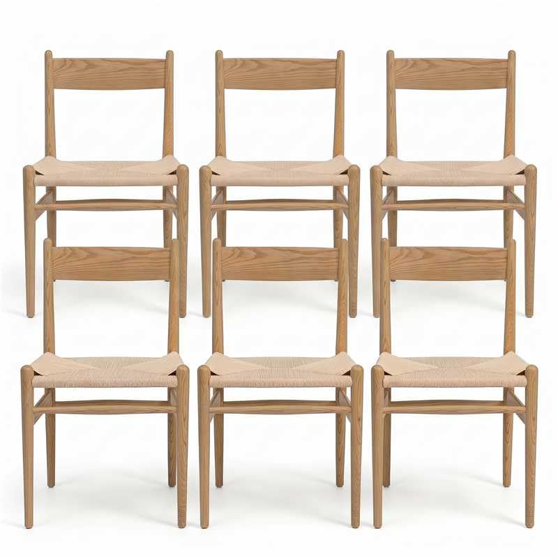 Image of Wood Dining Chairs Set of 6, Natural Ash Wood, Handwoven Rope Seat | 300 LBS Support, Felt Pads, Armless Space-saving Design, Curved Backrest, Mid-Century Modern Chairs for Kitchen, Living Room