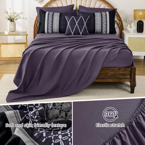 Image of Dintszyayue Purple Cal King Comforter Size Set, 8 Pieces Boho Striped Texture Bed in a Bag Sets, Lightweight Soft Bohemian Comforter and Sheet Set, All Season Microfiber Bedding Sets for Men Women