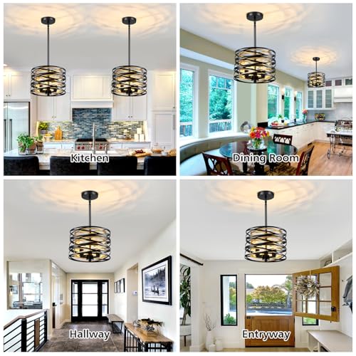 Image of 3- Light Chandeliers Industrial Metal Hanging Light Fixture 11 Inch Farmhouse Chandeliers for Dining Room Black and Gold Pendant Light for Entryway Kitchen Foyer Bedroom