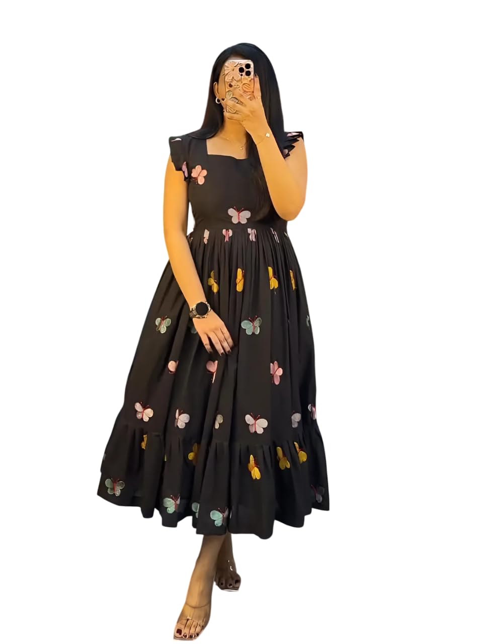 Women's Cotton Black Midi Dress with Butterfly Print,Sizes 38-44-picture-37