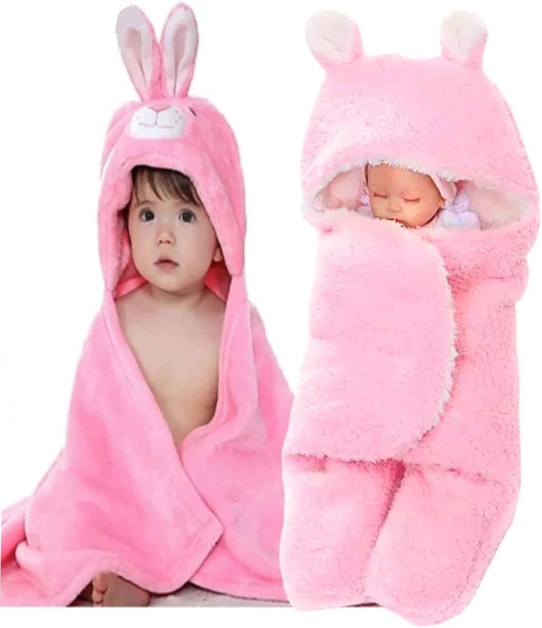 First Kick Baby Blankets New Born Combo Pack of Hooded Wrapper Durable Fleece Polyester Sleeping Bag and Baby Bath Towel for 0-6 Months Baby Boys and Baby Girls Pack of 2 Pink Rabbit, Unicorn Pink