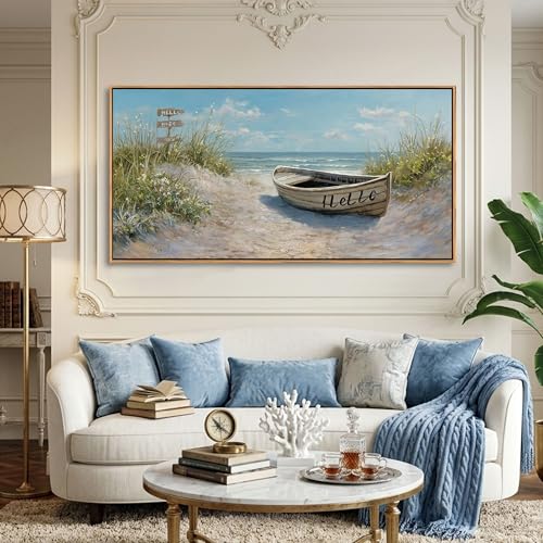 Image of AJAZIKO Coastal Canvas Wall Art Paintings - Beach Wall Pictures for Living Room with and Ocean Themes - Boat Wall Decor and Ocean Wall Art for Home Artwork for Walls 29x58IN