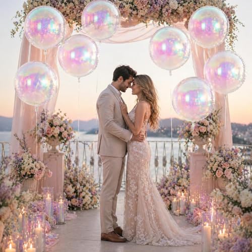 Image of Iridescent Balloons 9 Pcs,22 Inch Large Clear 4D Round Balloons | Clear Holographic Giant Round Ball Balloons For Birthday Rainbow Shine Wedding Baby Shower Decor