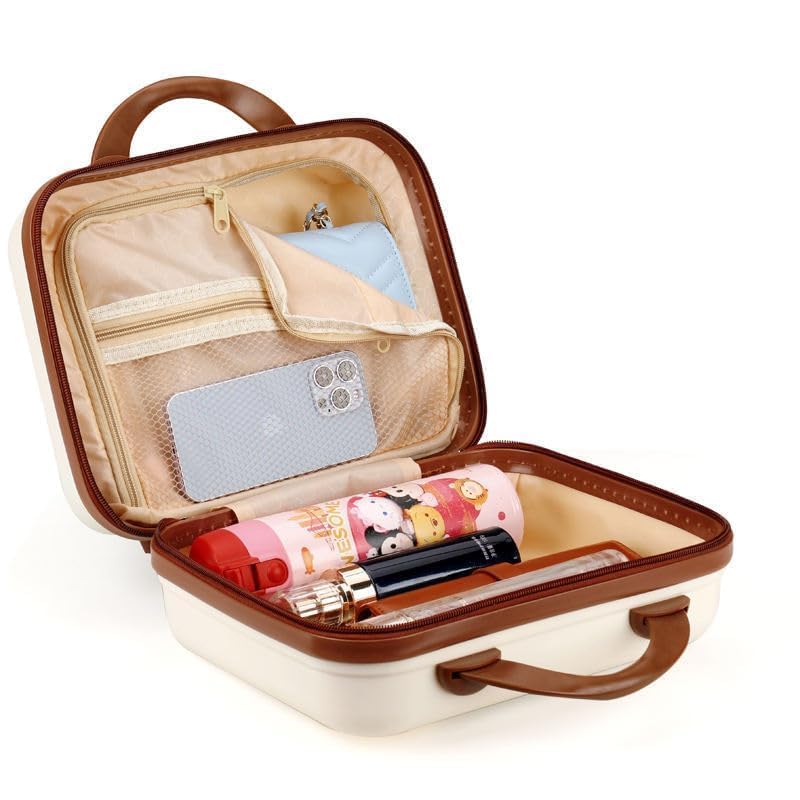 Image of Pvc Portable Hard Shell Makeup Box /Cosmetic Travel Case, Small Travel Hand Luggage With Elastic Band, Mini Abs Carrying Makeup Case Suitcase (D-Cream, 5 Cm)