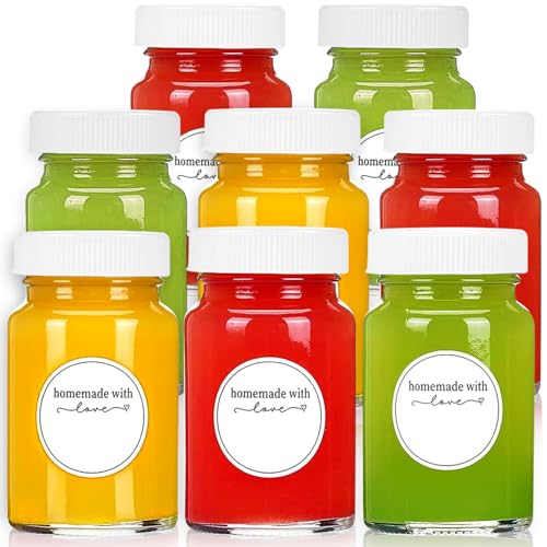 Showvigor 8pcs 2oz Glass Juice Bottles with Lids & Labels Reusable Small Clear Jar for Juice Ginger Liquor Potion Leakproof Travel Portable Mini Bottles