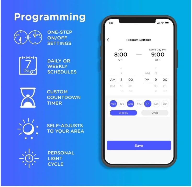 Smartphone screen showing the Enbrighten app's programming settings, including options for daily/weekly schedules, custom countdown timers, and personal light cycles.