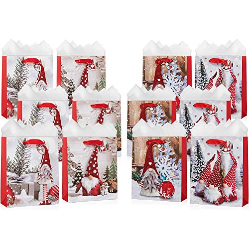 12 Pack Christmas Gift Bags - Includes White Tissue Paper - Premium Quality for Gift Wrap (Christmas Gnomes 12 Pack)