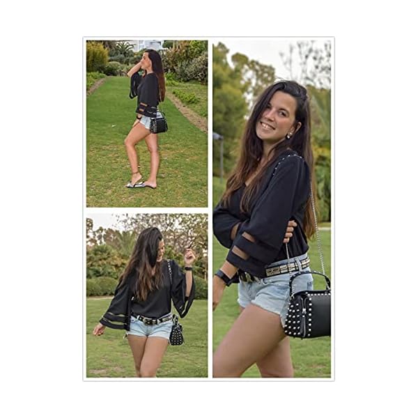 BLENCOT Womens 3/4 Bell Sleeve Fashion V Neck Lace Patchwork Blouse Casual Loose Shirt Tops Black, X-Large