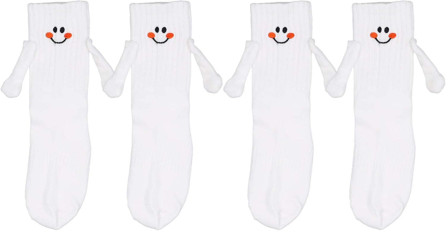 2 Pairs Hand Holding Socks for Kids, Funny Magnetic Mid-Tube Socks White Smile Face Matching Crazy Silly Slipper Socks Friendship Birthday Gift for Children Toddler (6-9 Years)
