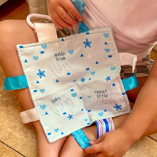 Image of Baby Jack & Co 8x8 inch Learning Lovey Gender Reveal Baby Newborn Boy Blue Tag Stroller Toy for Babies - Crinkle Toys for Developing Five Senses BPA Free Clip