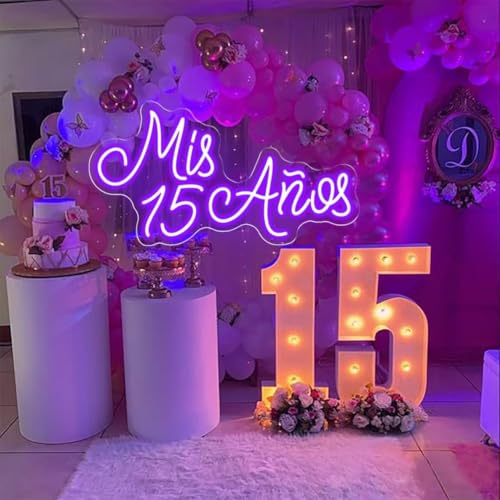 Image of Mis 15 Anos Neon Sign for Wall Decor Custom 15th Birthday Party Led Neon Light, Mis Quince Party Decor,Sweet 15 Quinceanera Party Sign,Gifts - for Her USB Powered Size:19.5inch(Purple)
