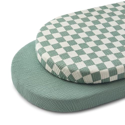 Image of Blissful Diary Muslin Bassinet Sheets for Baby Girls Boys, Boho Soft Cotton Fitted for Oval Hourglass Rectangle Mattress, 2 Pack(Sage Checkboard & Sage Green)
