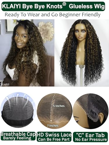 Image of KLAIYI Ombre Brown Water Wave Bye Bye Knots Glueless Wig Human Hair Pre Cut 7x5 Lace Front Wigs Drawstring Pre Plucked Bleached Highlight Balayage Curly Ready to Wear and Go Wig with Dark Roots 26Inch