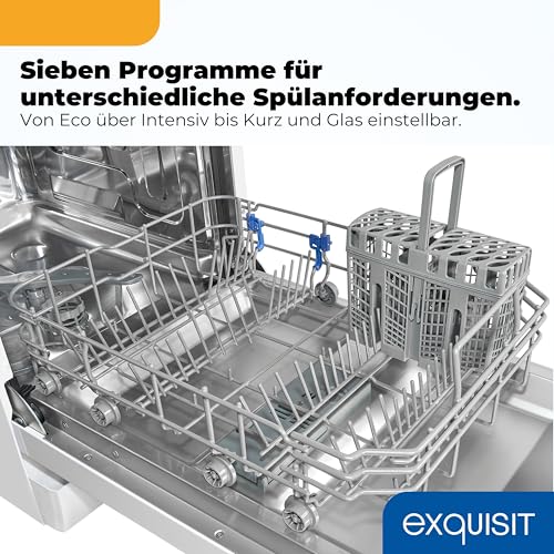 Exquisit Geschirrspüler | 9 Maßgedecke, Energieeffizienzklasse E, 49 dB(A) | schmal, kompakt, 7 Programme, Eco, Intensiv, Kurz, Extra-Trocknung, Startzeitverzögerung | GSP9309-030E weiss